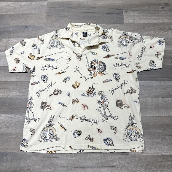 Warner Bros. Other - Warner Bros Men's Beige Polo Shirt Sz XL Taz Tazmanian Bugs Bunny All over Print